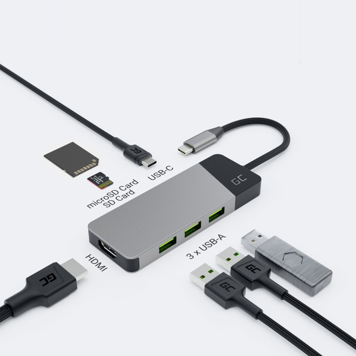 GREEN CELL hub adattatore USB-C GC CONNECT 7W1 (3XUSB 3.1 HDMI 4K 60HZ USB-C PD 85W MICROSD/SD)