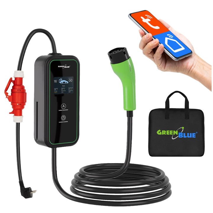 GreenBlue EV/PHEV Caricabatterie portatile cavo Type 2 lunghezza 6.8 m IP65 11 kW 220–380 V AC 50/60 Hz 16 A trifase GB1100