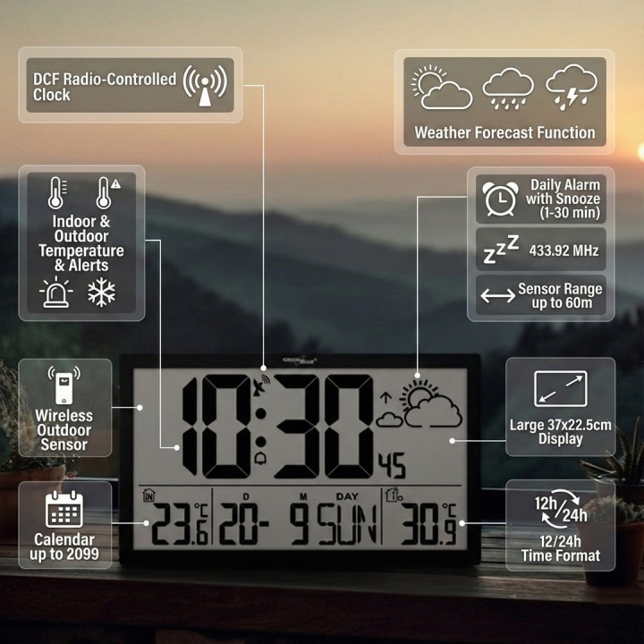 GreenBlue GB218 orologio da parete LCD extra large con stazione meteo display temperatura e data