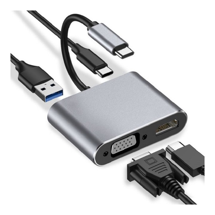 Hub iBox IUHCHDVGA USB Type-C 4-in-1 USB 3.0 + PD 100W + HDMI 4K 30Hz + VGA completo HD