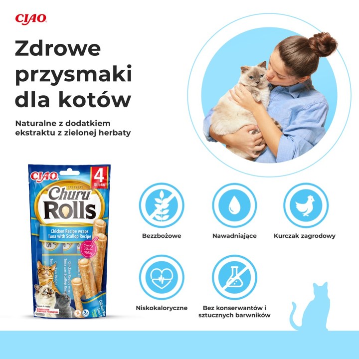 INABA Churu Rolls Involti ricetta pollo Ricetta tonno con capasanta - snack per gatti - 4x10 g