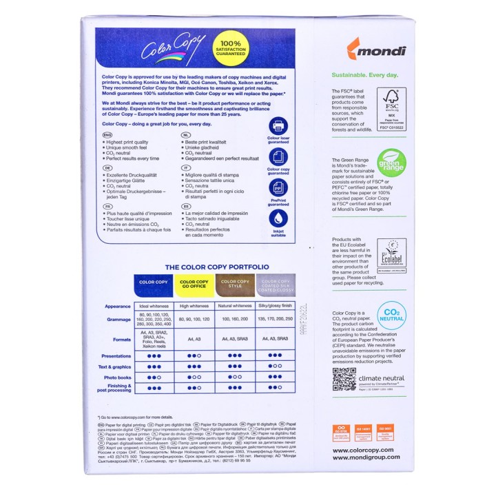 Carta fotocopiatrice ufficio Mondi Color Copy 8687A20 (A4, 200g/m2, 250 fogli, carta bianca, satinata)
