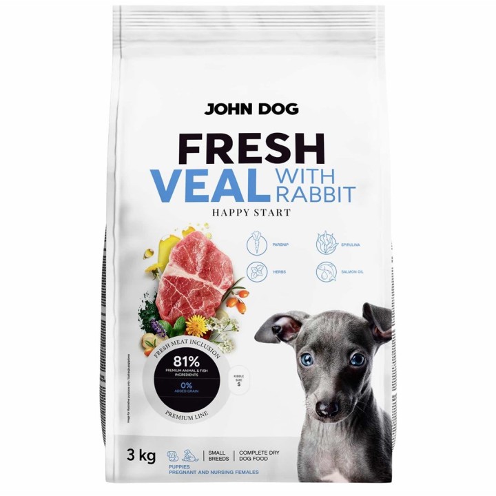 JOHN DOG Junior fresco razze piccole vitello con coniglio - cibo secco per cani - 3kg