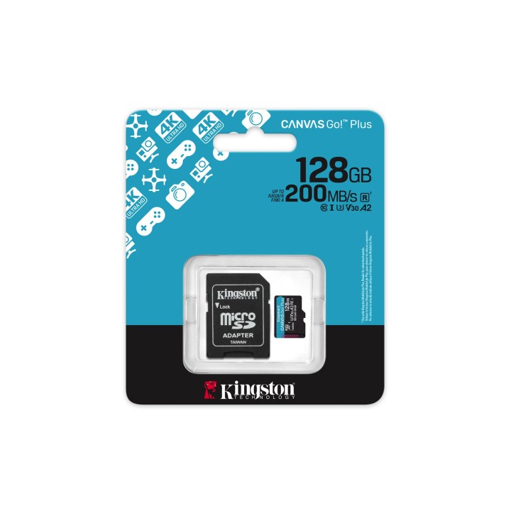 Kingston Technology 128GB microSDXC Canvas Go Plus Gen4 200MB/s A2 U3 V30 Scheda + Adattatore