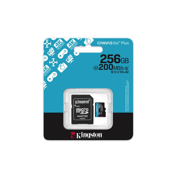 Kingston Technology 256GB microSDXC Canvas Go Plus Gen4 200MB/s A2 U3 V30 Scheda + Adattatore