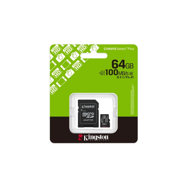 Kingston Technology 64GB microSDXC Canvas Select Plus Gen3 100MB/s A1 Scheda + Adattatore
