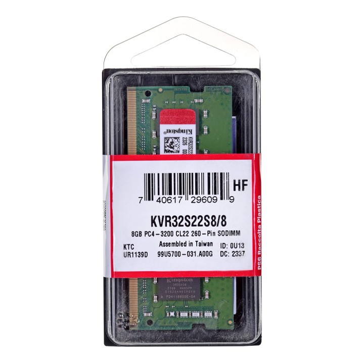 Kingston Technology ValueRAM KVR32S22S8/8 modulo di memoria 8 GB 1 x 8 GB DDR4 3200 MHz