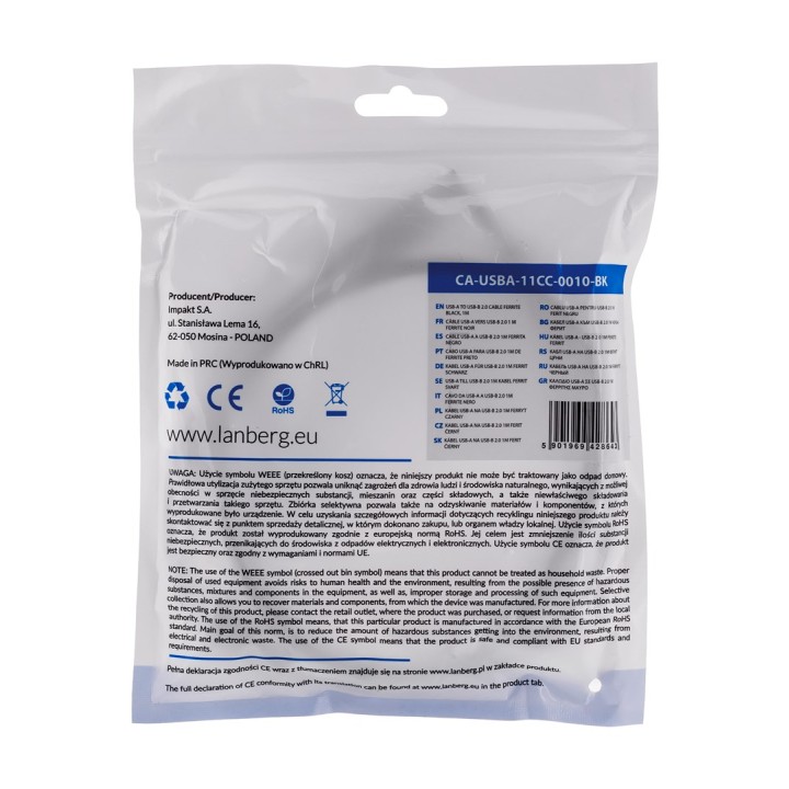 Lanberg CA-USBA-11CC-0010-BK USB cavo 1 m 2.0 USB B nero